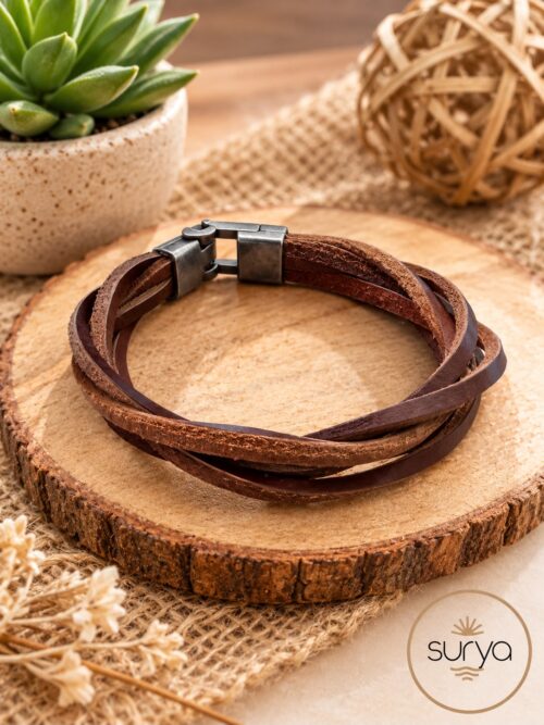 Pulsera cuero enlazado marrón con cierre magnético de metal plateado ajustable