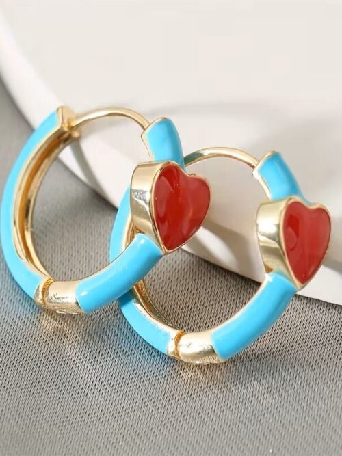 Pendiente aro pequeño oro azul corazon rojo