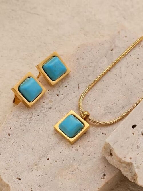 Conjunto oro cuadrado pendientes y collar turquesa