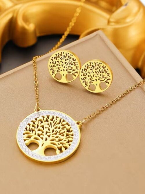 Conjunto dorado arbol de la vida pendiente collar brillante