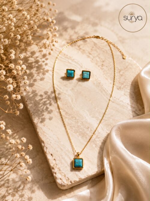 Conjunto oro cuadrado pendiente y collar turquesa