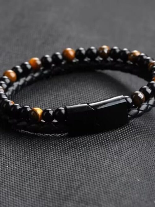 Pulsera hombre cuero onix-ojo de tigre 21 cm