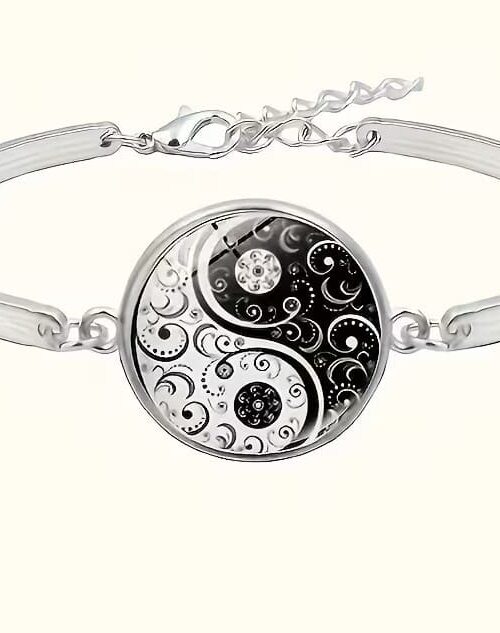 Pulsera ajustable yin yang flores plata