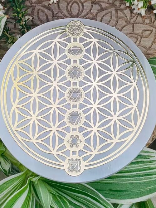 Base selenita 6 cm flor de la vida y chakras