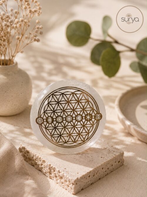 Base flor de la vida selenita con chakras 6cm
