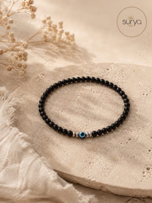 Pulsera cuenta elastica hombre 4mm. obsidiana negra y ojo turco