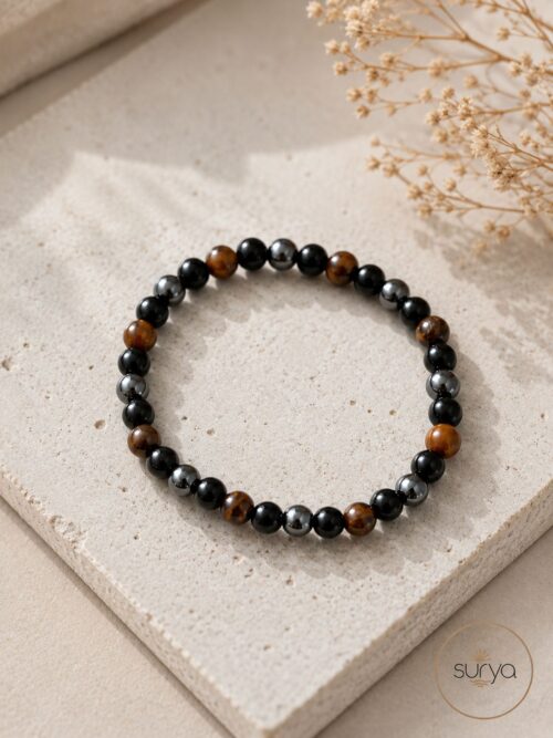 PULSERA DE CUENTAS ELÁSTICA 6 MM TRIPLE PROTECCIÓN (HEMATITE,OBSIDIANA,OJO DE TIGRE)