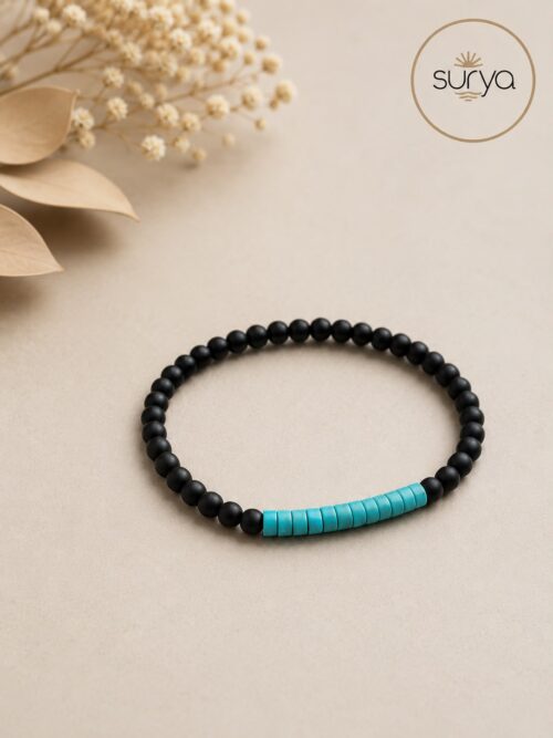 PULSERA DE CUENTAS ELASTICA 4 MM. TURQUESA Y TURMALINA NEGRA