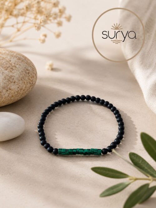 PULSERA DE CUENTAS ELASTICA 4 MM. MALAQUITA Y TURMALINA NEGRA