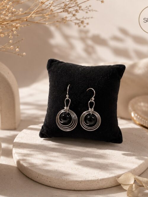 Pendientes de acero inoxidable espiral obsidiana negra