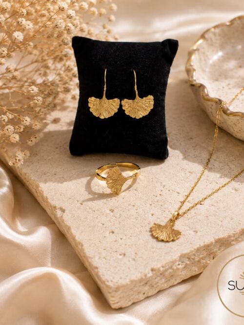 Conjunto dorado ginkgo pendiente collar brillante
