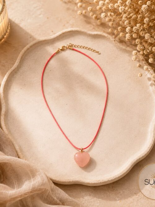 Collar de corazón cuarzo rosa pulido 2,5 cm