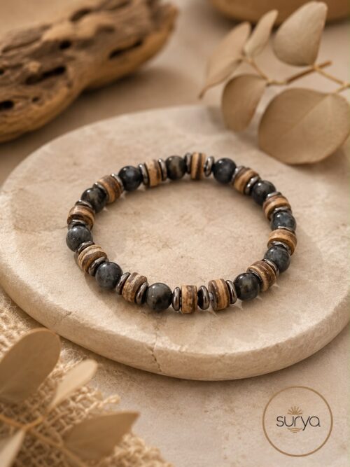 Pulsera cuenta elástica hombre 8 mm policromada madera natural, hematite y obsidiana copo de nieve